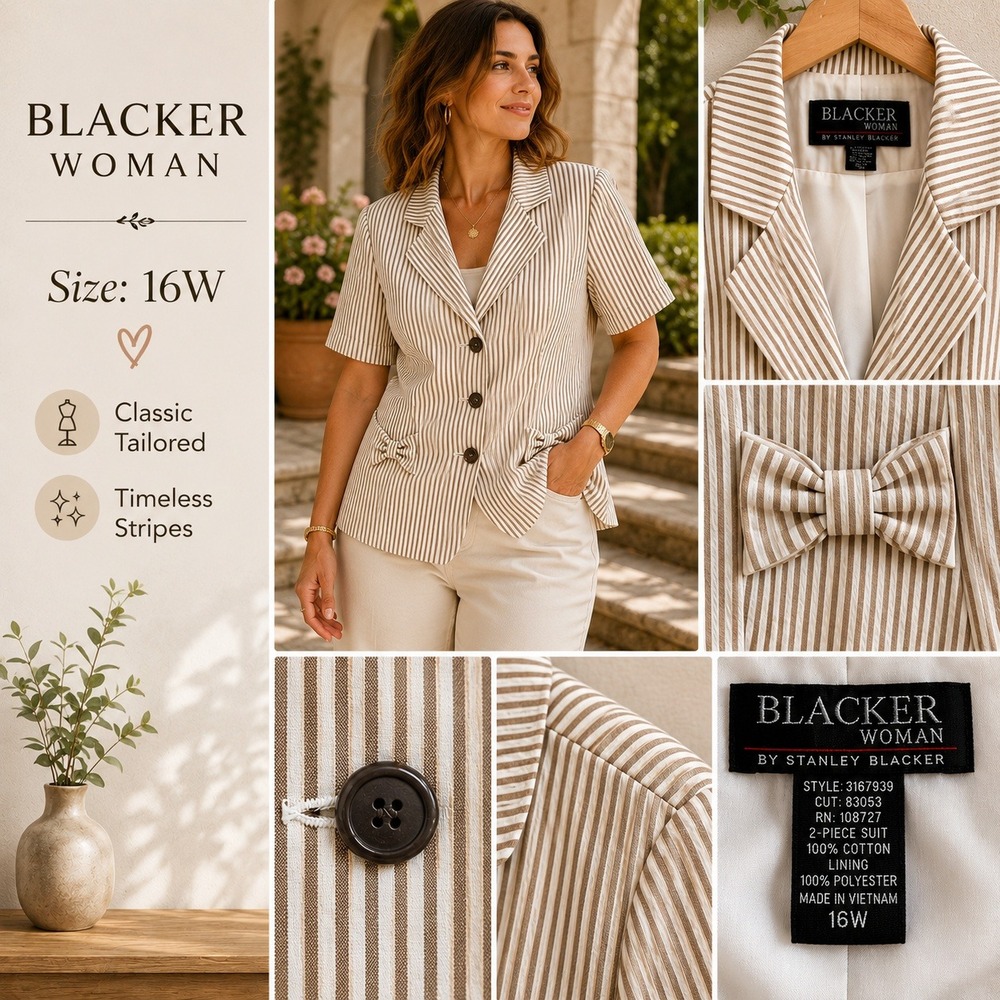 Blacker‎ Woman Seersucker Blazer Women 16W Cream Tan Striped Tailored Preppy
